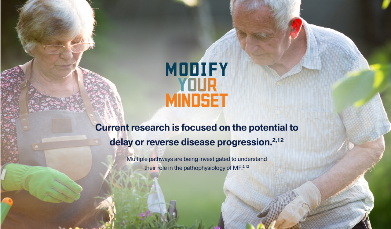 An elderly male myelofibrosis patient outside gardening with his wife